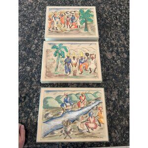 Haitian Watercolor Art Prints Set Of 3: Market, Carnival & Washing Day